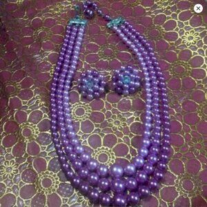 Vintage Three Strand Plum Faux Pearl Tone Necklace with Matching Earrings